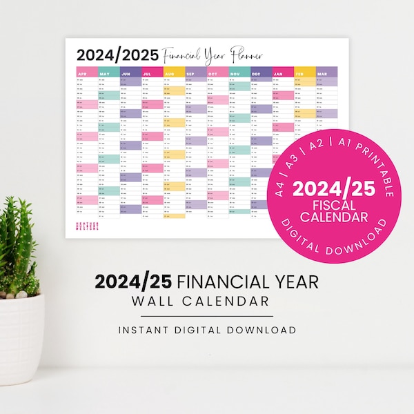 2024-2025 UK Financial Year Wall Calendar | Rainbow Printable Year Planner | Fiscal Year | A1, A2, A3, A4 Planner | Digital Download