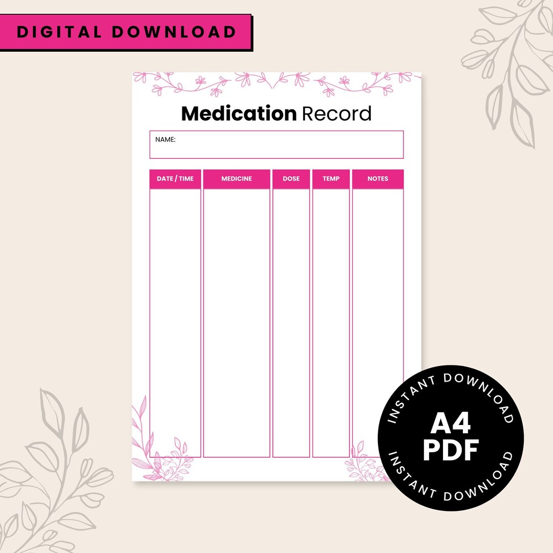 Printable Medication Tracker | Daily Medicine Record A4 (digital ...