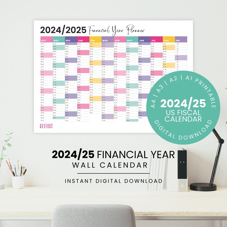 20242025 US Financial Year Wall Calendar Rainbow Printable Year