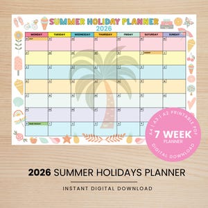 May include: A 2026 Summer Holiday Planner calendar featuring a grid layout with pastel-coloured rows, a central palm tree illustration, and decorative summer-themed icons like ice cream, seashells, and flowers along the borders.