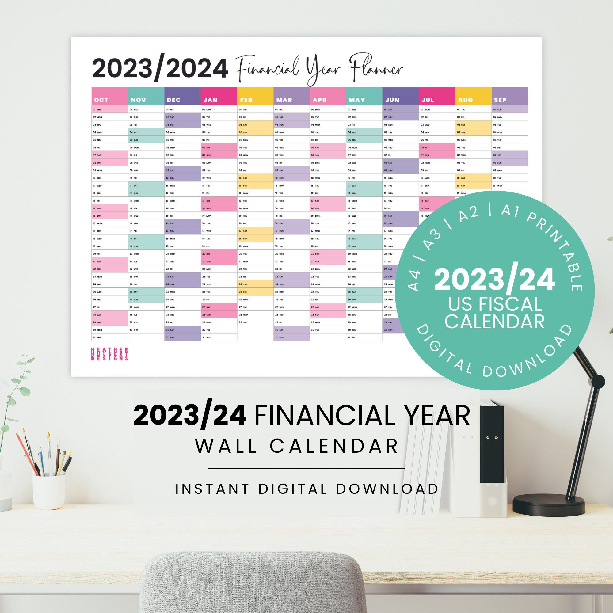 2023-2024 US Financial Year Wall Calendar Rainbow Printable Year Planner Fiscal  Year A1, A2, A3, A4 Planner Digital Download - Etsy