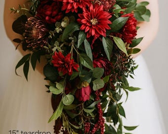 Burgundy Teardrop Artificial Wedding Bouquet, Deep Red Flowers