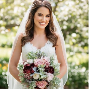 Burgundy & Blush Silk Bridal Bouquet, Ivory Satin Ribbon