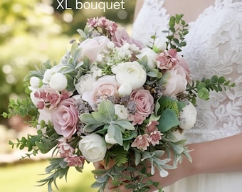 Dusty Pink, ivory, grey and sage green artificial wedding Bouquet. Silk Wedding flowers.