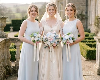 Baby pink & light dusty blue artificial wedding bouquet. With ivory and satin ribbon.