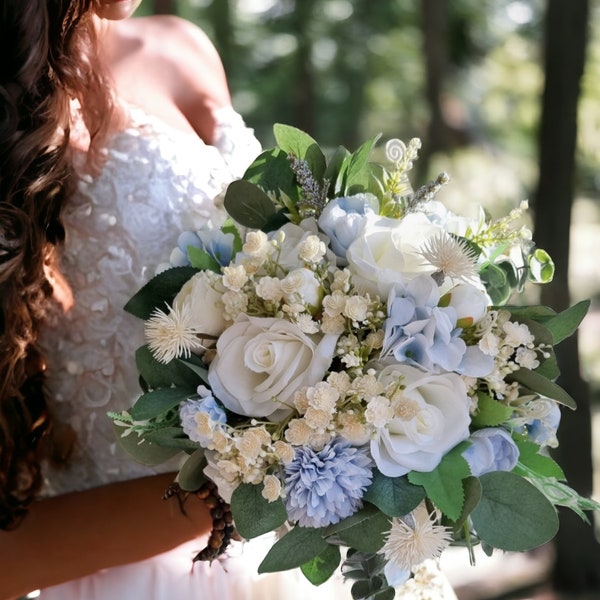 Dusty blue & ivory wedding flowers, pale blue bouquet, dusty blue bridal bouquet