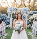 Dusty Blue Wedding Bouquet: Ivory Roses, Ranunculus & Peonies