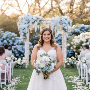Dusty Blue Wedding Bouquet: Ivory Roses, Ranunculus & Peonies