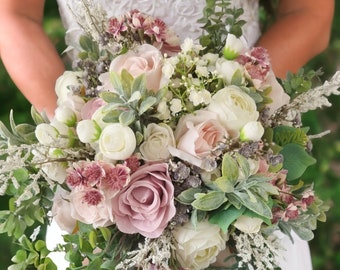 Blush pink, ivory, grey and muted greenery wild style silk bridal bouquet, wedding bouquet, wedding flowers, artificial bridal bouquet