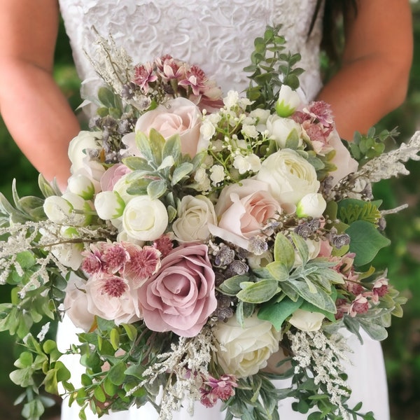 Blush pink, ivory, grey and muted greenery wild style silk bridal bouquet, wedding bouquet, wedding flowers, artificial bridal bouquet