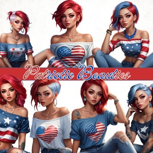 May include: An illustration featuring six women with patriotic themes. They are wearing off-the-shoulder tops and jeans, with red, white, and blue color schemes. The text "Patriotic Beauties" is displayed across the image.