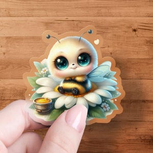 May include: A cute bee sticker with a cartoon bee character sitting on a white flower with green leaves. The bee has big blue eyes and a yellow and black body. A small honey pot is also included.