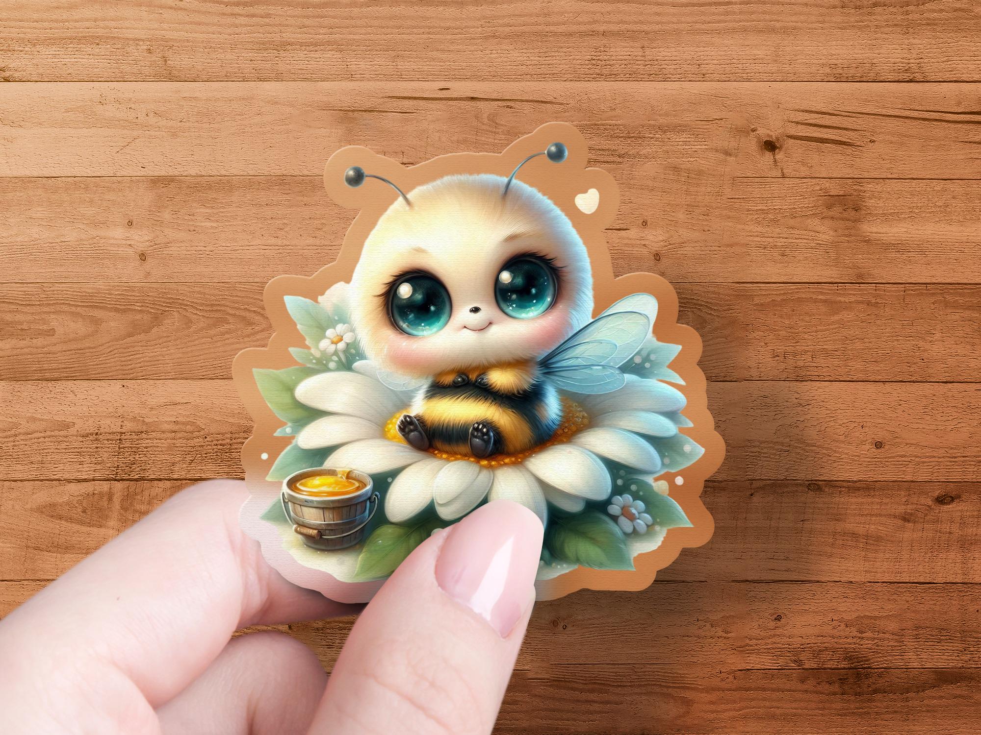 Cute Bee Sticker, Adorable Bee on Flower Decal, Kawaii Insect Art ...