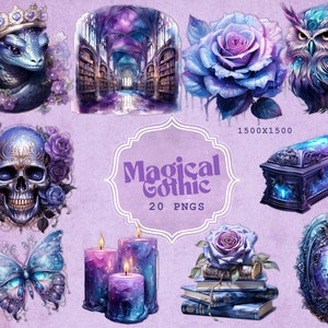 May include: A collection of digital art images with a magical gothic theme. The images include a snake with a crown, a library, a rose, an owl, a skull, a butterfly, candles, a chest, and a decorative frame. The text "Magical Gothic" is also present.
