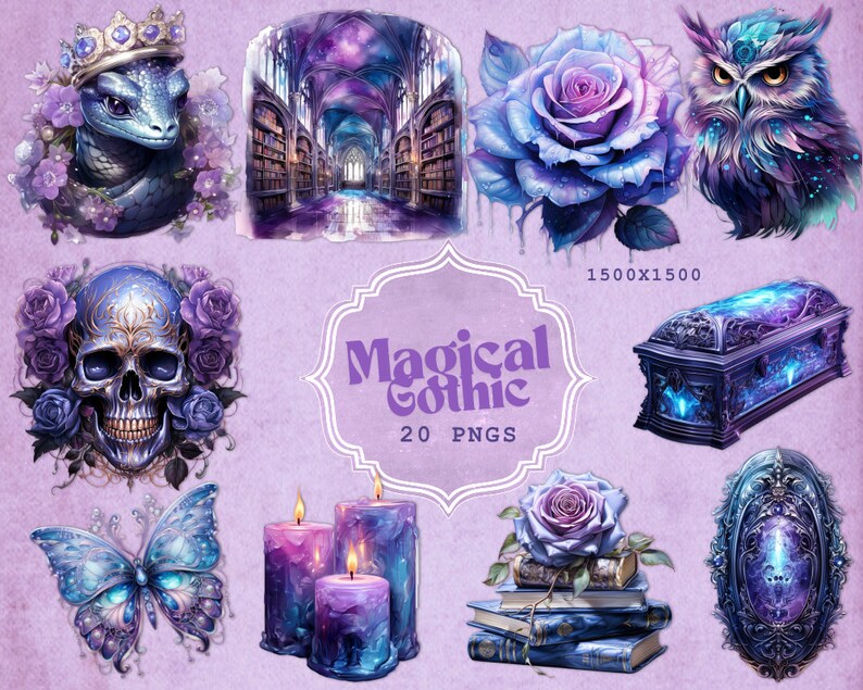 May include: A collection of digital art images with a magical gothic theme. The images include a snake with a crown, a library, a rose, an owl, a skull, a butterfly, candles, a chest, and a decorative frame. The text "Magical Gothic" is also present.