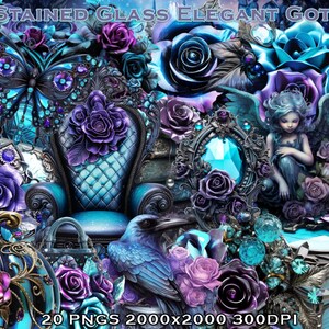 May include: A digital collage featuring a gothic theme with stained glass elements. The image showcases a butterfly, roses, a chair, and a raven, all in shades of blue, purple, and teal. The text at the top reads "STAINED GLASS ELEGANT GOTH".