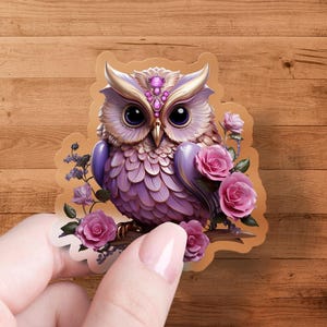 Cute Owl Sticker Floral Design, Adorable Owl Art, Rose Flower Decorations, Purple Pink Aesthetic, Cute Collectible Stickers