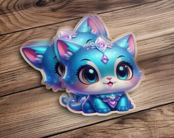 Cute Kawaii Blue Cat Sticker, Adorable Anime Animal Decal, Sparkly Pet Art for Laptops, Water Bottles, Notebooks, Perfect Gift