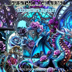 May include: Digital art featuring a fantasy theme with a dragon, roses, and stained glass windows. The color palette includes shades of blue, purple, and teal. The image includes the text "IRIDESCENT FANTASY" and "25 PNGS 2000X2000 @300DPI".