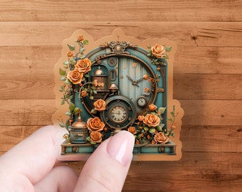Steampunk Floral Clock Sticker, Victorian Industrial Decor Sticker, Vintage Rose Gear Design Sticker, Unique Mechanical Art Sticker