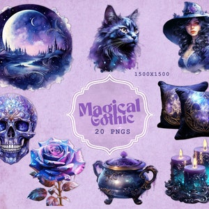 May include: A collection of digital art elements with a magical gothic theme. The images include a black cat, a witch, a skull, a rose, a teapot, candles, pillows, and a landscape with a castle. The text "Magical Gothic" and "20 PNGS" is also present.