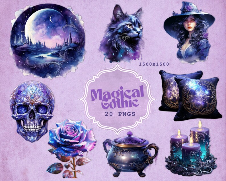 May include: A collection of digital art elements with a magical gothic theme. The images include a black cat, a witch, a skull, a rose, a teapot, candles, pillows, and a landscape with a castle. The text "Magical Gothic" and "20 PNGS" is also present.