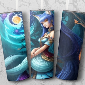 May include: Three stainless steel tumblers with a blue and purple fantasy illustration of a woman with long blue hair and a fox tail. The woman is wearing a blue and gold dress and is standing in a forest.