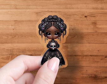 Gothic Cute Doll Sticker, Kawaii African American Doll Art, Skull Sticker, Halloween Cute Doll, Dark Fantasy Art Stickers