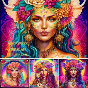 Boho Goddess Digital Art 1 | Fantasy PNG | Rainbow | Lisa Frank Inspired  | Images for Design and Print