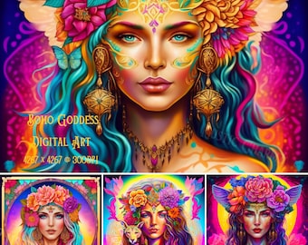 Boho Goddess Digital Art 1 | Fantasy PNG | Rainbow | Lisa Frank Inspired  | Images for Design and Print