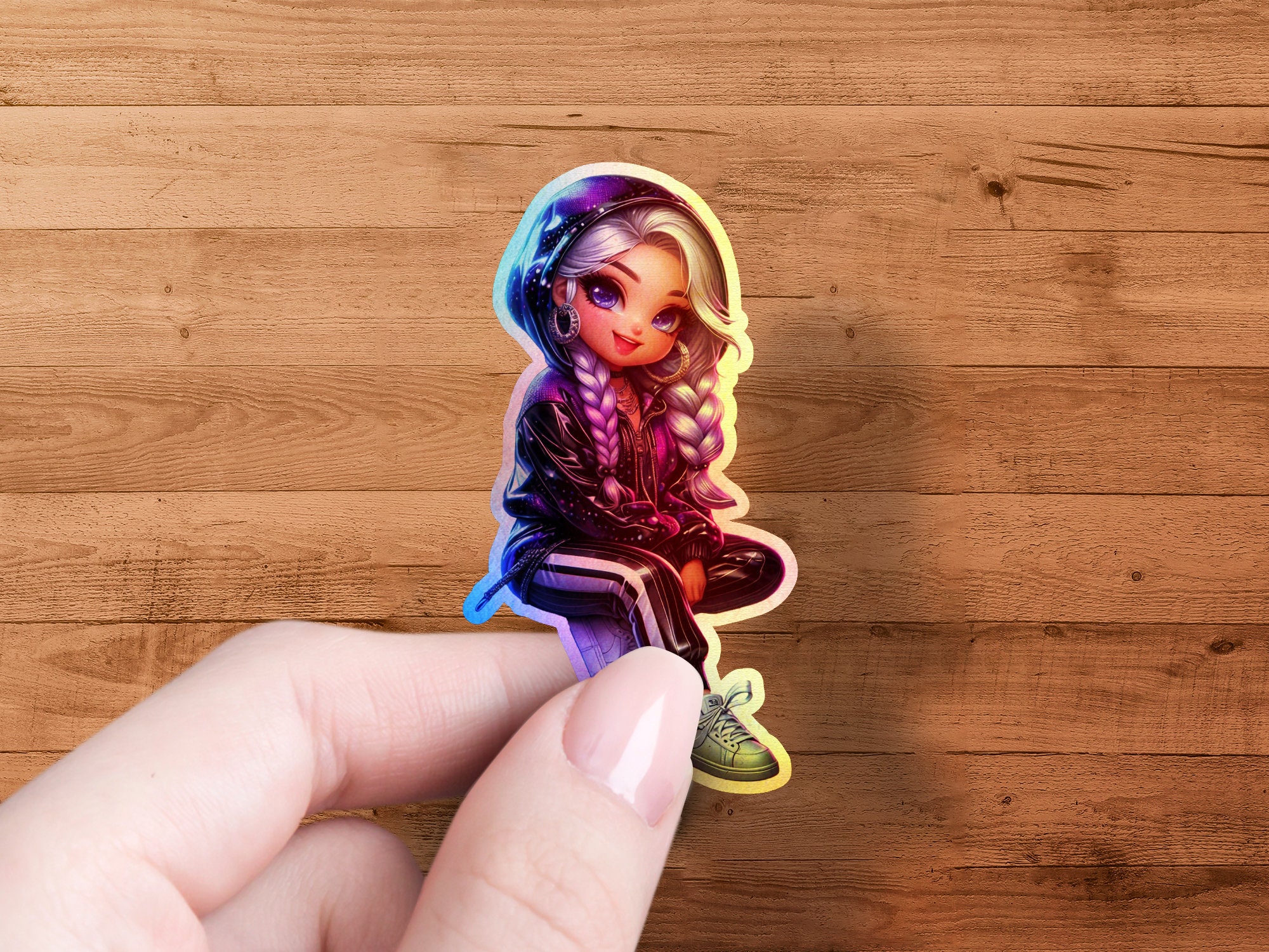 Cute Chibi Girl Sticker, Anime Style Art Sticker, Purple Hoodie Girls ...