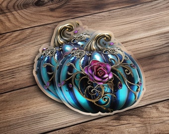Gothic Pumpkin Sticker, Metallic Rose Sticker, Gothic Fall Decor, Steampunk Pumpkin Sticker, Decorative Art Sticker, Gothic Autumn