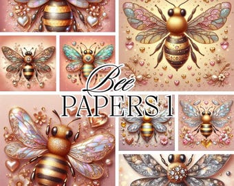 Beautiful Shimmery Bee Papers – Digital Download of 8 Whimsical Bee-Themed Backgrounds (3200x3200 @ 300DPI)