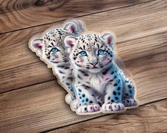 Cute Snow Leopard Cub Sticker, Adorable Animal Decal, Blue Eyes Baby Leopard, Cute Baby Animal Art, Perfect for Laptops and Journals