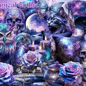 May include: A digital illustration with a magical gothic theme. The image features a skull, an owl, a black cat, roses, candles, and a woman in a witch hat. The color palette includes shades of purple, blue, and gold. The text "Magical Gothic" is at the top.
