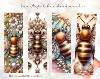 Elegant Bee Bookmarks – Set of 4 Digital PNGs with Floral & Pearl Accents | 600x1800px at 300dpi