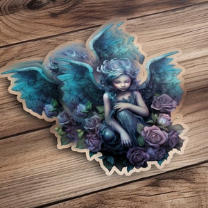 Angelic art sticker, Fantasy illustration sticker, Gothic angel sticker, Rose flowers sticker, Dark fairy art sticker, Ethereal decor
