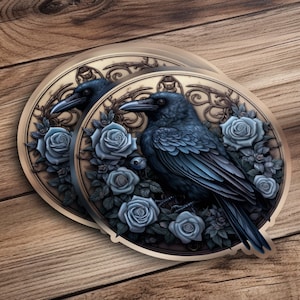 Gothic Raven Sticker, Dark Aesthetic Crow, Floral Dark Art, Black Bird Sticker, Rose and Raven Vinyl, Unique Raven Decal
