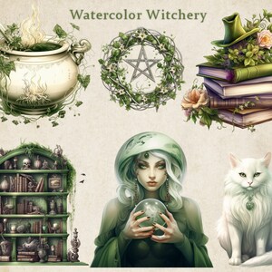May include: Watercolor illustration featuring a witchy theme. Includes a cauldron with flames, a pentagram wreath, a stack of books with a witch hat, a bookshelf with skulls, a woman with a crystal ball, and a white cat. The text "Watercolor Witchery" is at the top.