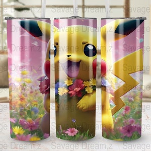 May include: A yellow and black Pokemon character, Pikachu, is standing in a field of pink and yellow flowers. The character is wearing a lei of flowers around its neck. The background is a pink and white gradient.