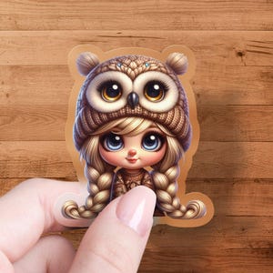 Cute Owl Hat Girl Sticker, Kawaii Owl Sweater Design, Adorable Anime Character Decal, Owl Hat Graphic Sticker, Cute Owl Art Decor