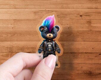 Punk Rock Teddy Bear Sticker, Colorful Teddy Bear Sticker, Goth Punk Bear Decal, Cute Teddy Bear with Mohawk, Unique Gift Idea