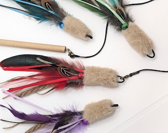 Faux fur cat toy, Feather cat toy, Teaser cat wand attachment, Custom cat toy,  Kitten toy, Gift for cat mom, Ribbon cat toy