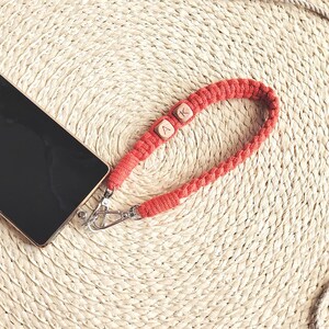 Short Handmade Bohemian Phone Holder, Macrame Wooden Letter Beads Wristlet, Artisanal Personalised Handy Key Fob, Eco Friendly Wrist Strap