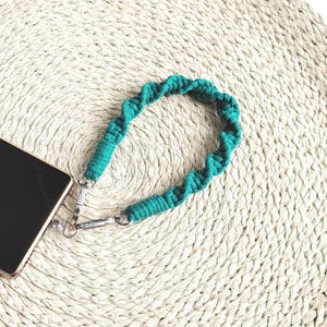 Short Handmade Bohemian Phone Holder, Macrame Woven Cotton Cord Wristlet, Universal Personalised Handy Key Fob, Trendy Wrist Strap