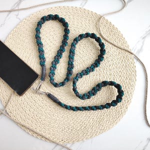 Long Braided Crossbody Phone Strap, Handmade Knotted Bohemian Shoulder Purse Holder, Macrame Woven Smartphone Two Toned Boho Accessory
