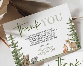 Editable Gender Neutral Rustic Woodland Baby Shower Thank You Flat Card Deer Fox Bear Sprinkle Shower Thank You Notes Card Template 02