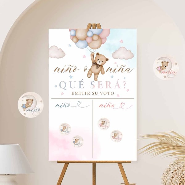 ESPAGNOL Niño o Niña Chart What Will Baby Be He or She Gender Reveal Teddy Bear Guess The Gender Sign Printable Instant Download 05V10