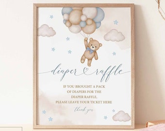 Boy Blue Teddy Bear Baby Shower Diaper Raffle Sign Baby Shower Sprinkle Bearly Wait Decor Decoration Sign Printable Instant Download 05V2