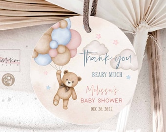 Editable Blue Pink Gender Reveal Teddy Bear Thank You Round Tag Sticker Label Thank you Beary Much Baby Shower Sprinkle Template 05V10